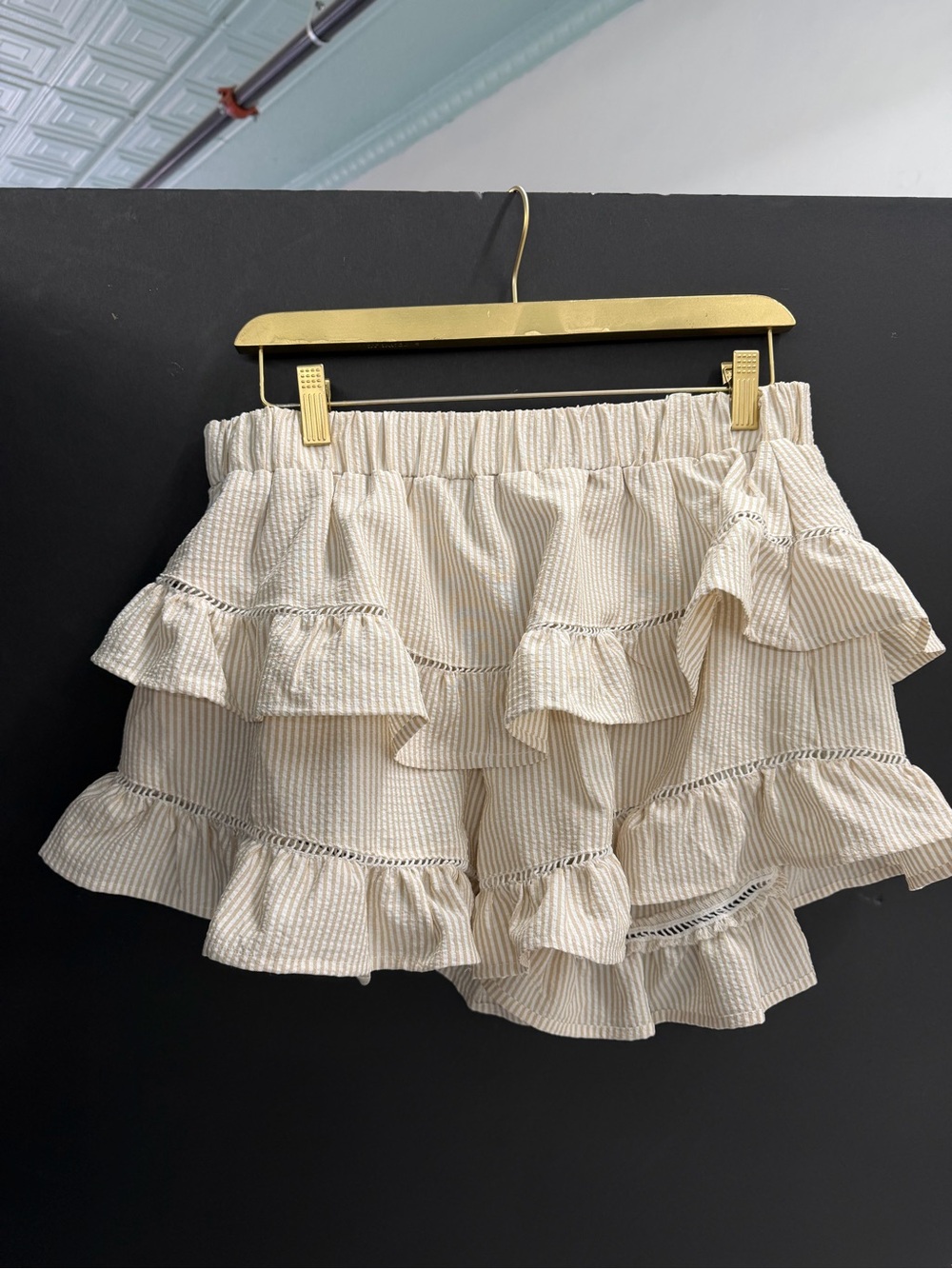 Altar'd State Cream & White Striped Ruffled Mini Shorts